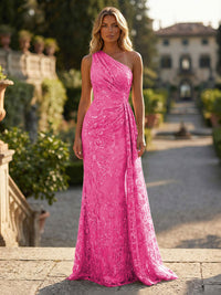 Sheath/Column Floral Lace Embroidered One Shoulder Evening Dresses Floor-Length Formal Gowns with Ruched Waist & Side Train
