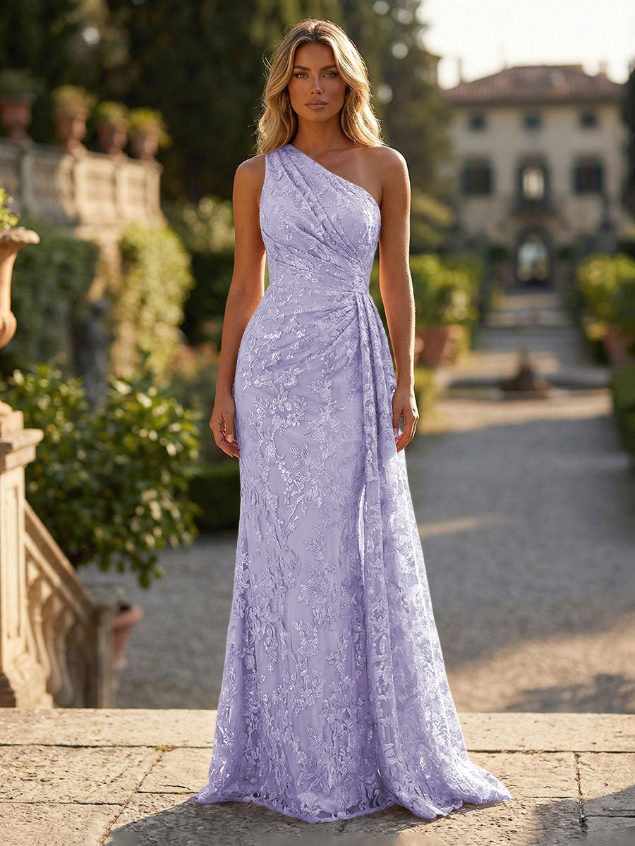 Sheath/Column Floral Lace Embroidered One Shoulder Evening Dresses Floor-Length Formal Gowns with Ruched Waist & Side Train