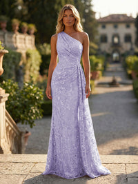 Sheath/Column Floral Lace Embroidered One Shoulder Evening Dresses Floor-Length Formal Gowns with Ruched Waist & Side Train