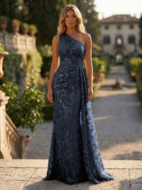 Sheath/Column Floral Lace Embroidered One Shoulder Evening Dresses Floor-Length Formal Gowns with Ruched Waist & Side Train