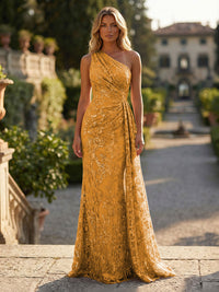 Sheath/Column Floral Lace Embroidered One Shoulder Evening Dresses Floor-Length Formal Gowns with Ruched Waist & Side Train
