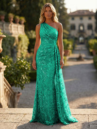 Sheath/Column Floral Lace Embroidered One Shoulder Evening Dresses Floor-Length Formal Gowns with Ruched Waist & Side Train
