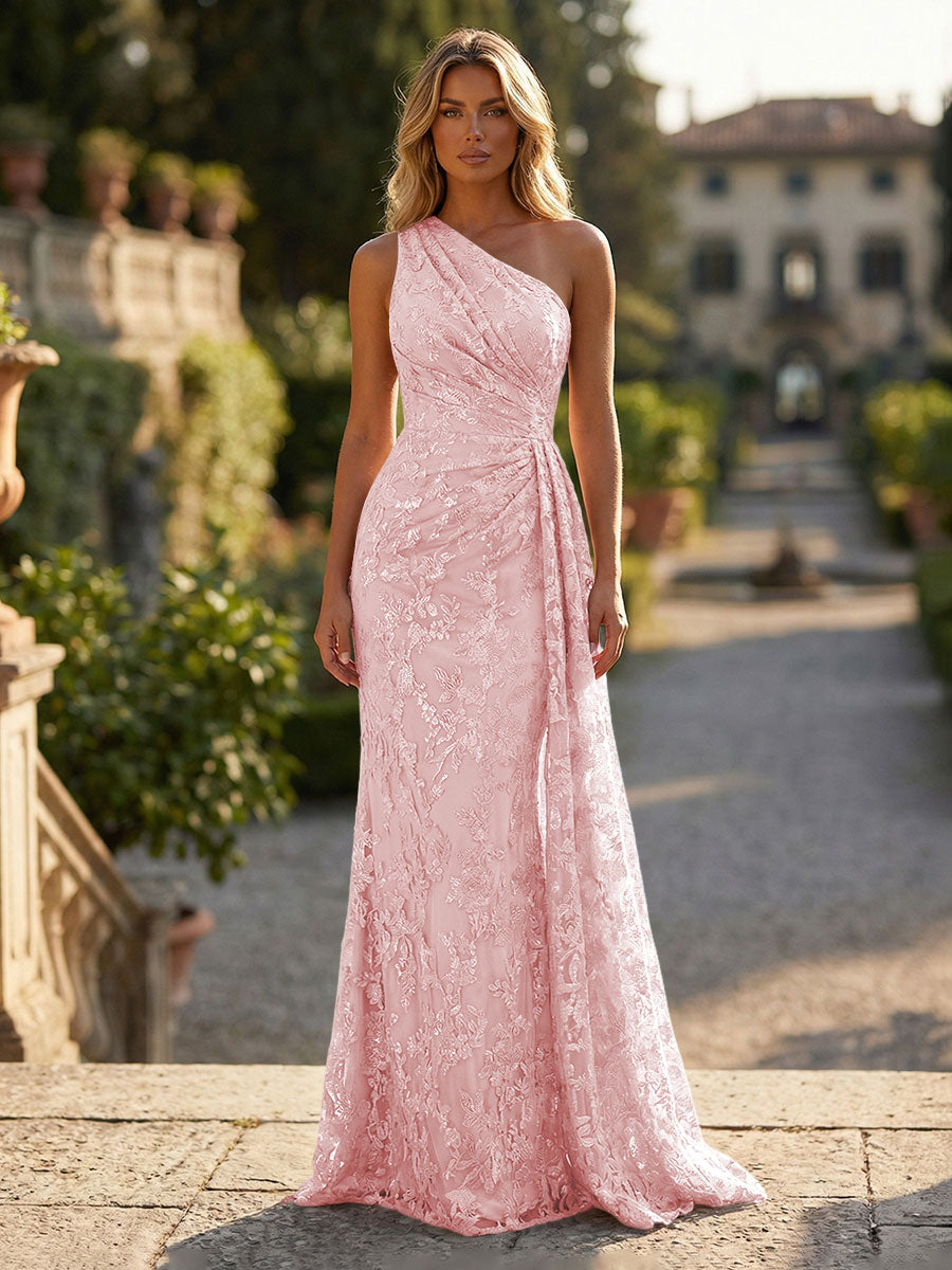 Sheath/Column Floral Lace Embroidered One Shoulder Evening Dresses Floor-Length Formal Gowns with Ruched Waist & Side Train