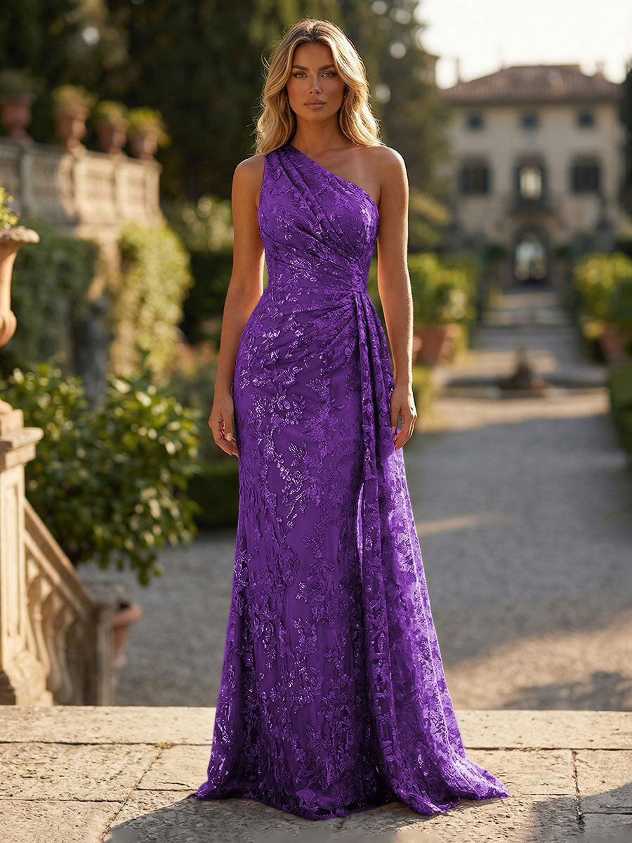 Sheath/Column Floral Lace Embroidered One Shoulder Evening Dresses Floor-Length Formal Gowns with Ruched Waist & Side Train