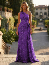 Sheath/Column Floral Lace Embroidered One Shoulder Evening Dresses Floor-Length Formal Gowns with Ruched Waist & Side Train