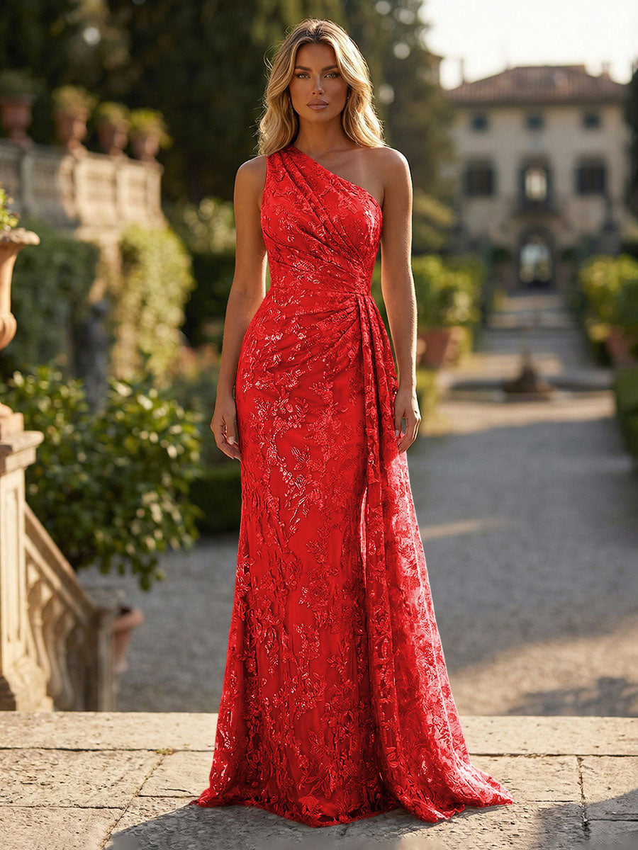 Sheath/Column Floral Lace Embroidered One Shoulder Evening Dresses Floor-Length Formal Gowns with Ruched Waist & Side Train
