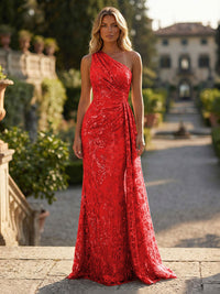 Sheath/Column Floral Lace Embroidered One Shoulder Evening Dresses Floor-Length Formal Gowns with Ruched Waist & Side Train