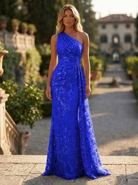 Sheath/Column Floral Lace Embroidered One Shoulder Evening Dresses Floor-Length Formal Gowns with Ruched Waist & Side Train