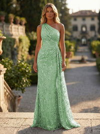 Sheath/Column Floral Lace Embroidered One Shoulder Evening Dresses Floor-Length Formal Gowns with Ruched Waist & Side Train