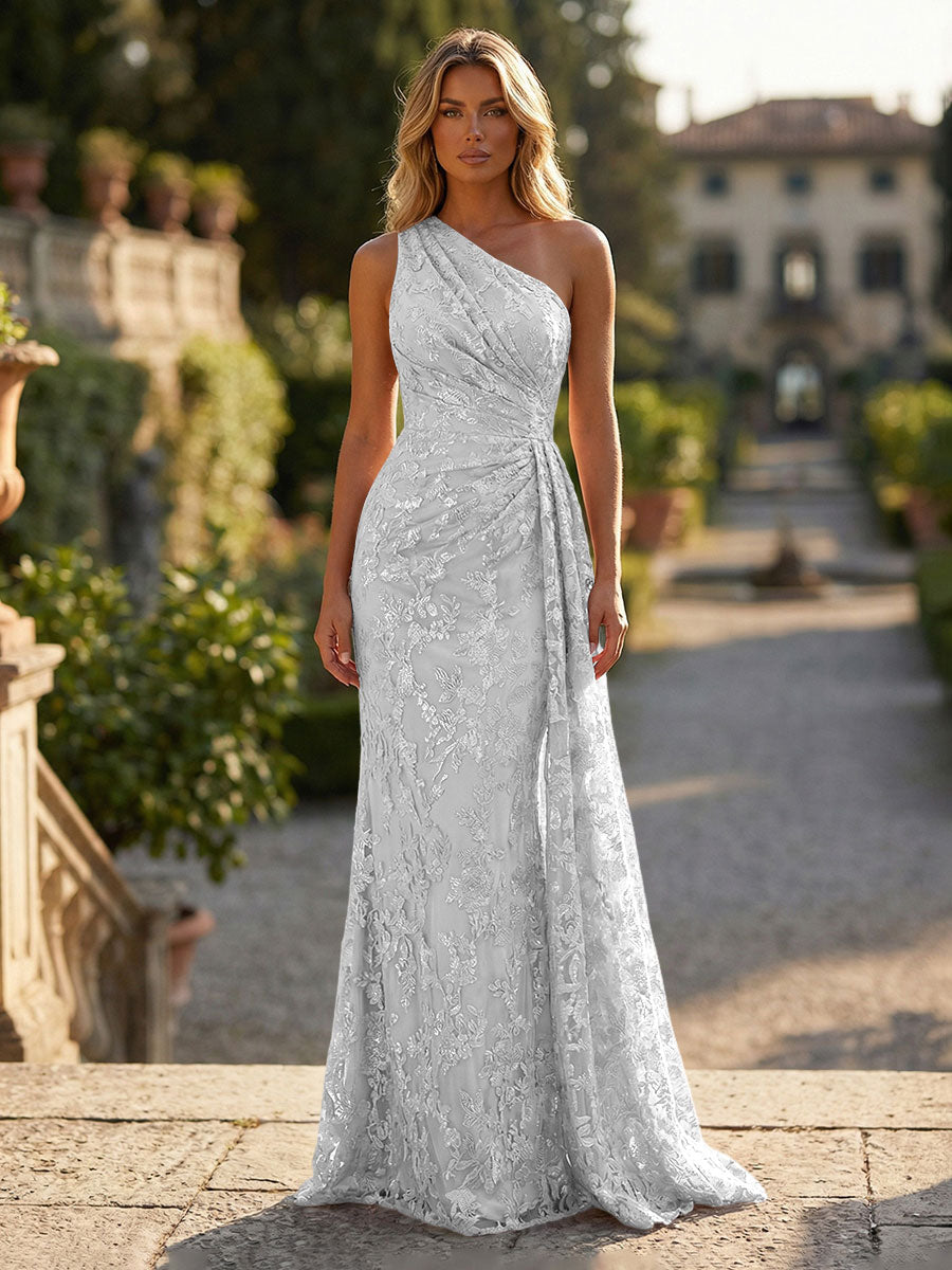 Sheath/Column Floral Lace Embroidered One Shoulder Evening Dresses Floor-Length Formal Gowns with Ruched Waist & Side Train