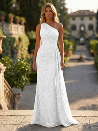 Sheath/Column Floral Lace Embroidered One Shoulder Evening Dresses Floor-Length Formal Gowns with Ruched Waist & Side Train