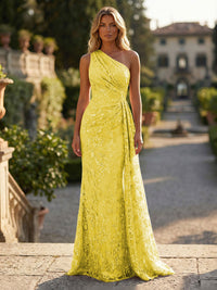 Sheath/Column Floral Lace Embroidered One Shoulder Evening Dresses Floor-Length Formal Gowns with Ruched Waist & Side Train