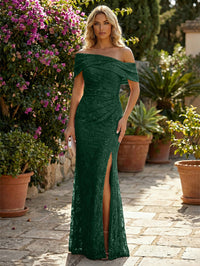 Sheath/Column Off Shoulder Floral Lace Embroidered Evening Dresses Floor-Length Formal Gowns with Ruched Waist & Slit