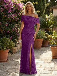 Sheath/Column Off Shoulder Floral Lace Embroidered Evening Dresses Floor-Length Formal Gowns with Ruched Waist & Slit
