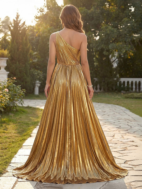 Pleated A-Line Metallic Satin One Shoulder Evening Dresses Maxi Formal Gowns with High Slit & Sweep Train