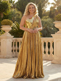 Pleated A-Line Metallic Satin One Shoulder Evening Dresses Maxi Formal Gowns with High Slit & Sweep Train