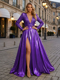 A-Line/Princess Metallic Satin Long Sleeves Evening Dresses Deep V-Neck Maxi Formal Ball Gowns with Sequin Bodice, High Slit & Sweep Train