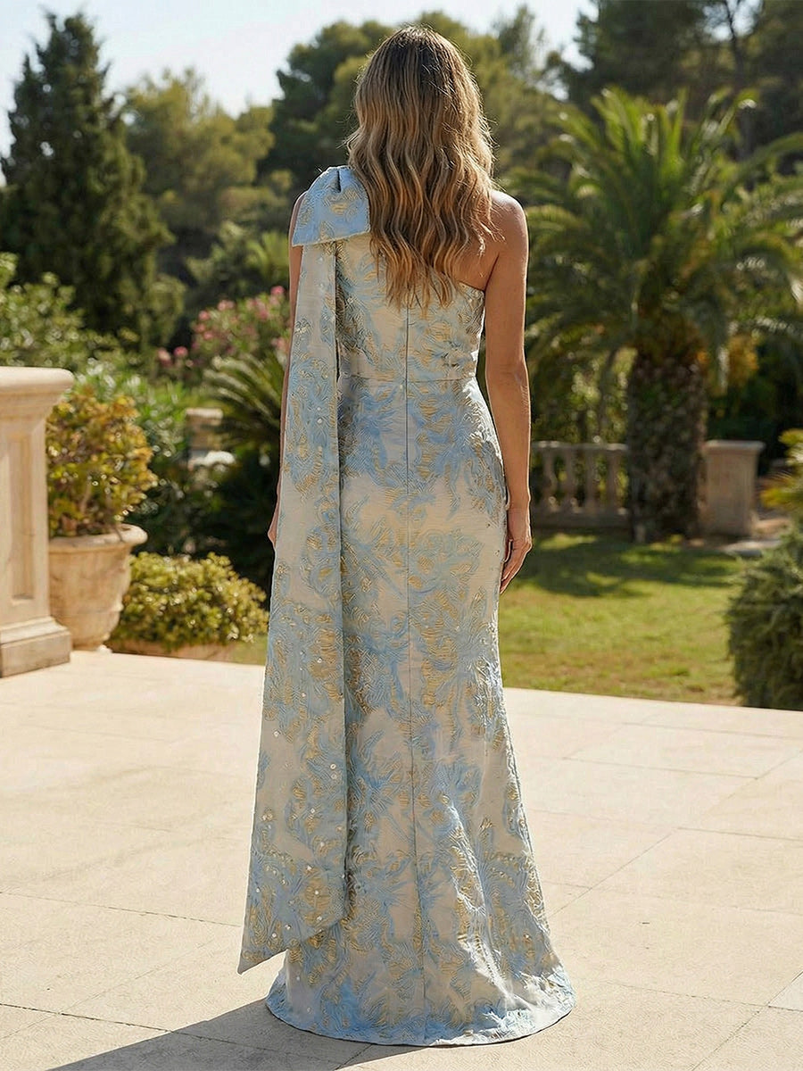 Sheath/Column Floral Jacquard One Shoulder Bow Evening Dresses Floor-Length Formal Gowns with Rhinestone Draped Train