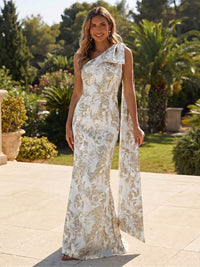 Sheath/Column Floral Jacquard One Shoulder Bow Evening Dresses Floor-Length Formal Gowns with Rhinestone Draped Train