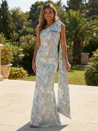 Sheath/Column Floral Jacquard One Shoulder Bow Evening Dresses Floor-Length Formal Gowns with Rhinestone Draped Train