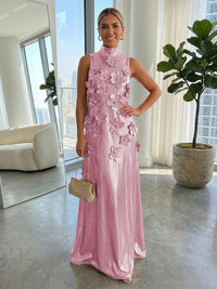 A-Line Metallic High Neck Maxi Evening Dresses with 3D Floral Appliques