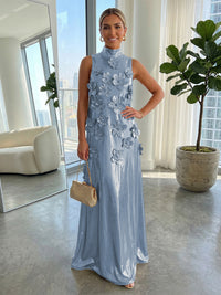 A-Line Metallic High Neck Maxi Evening Dresses with 3D Floral Appliques