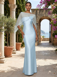 Sheath Satin Off Shoulder Maxi Evening Dresses with 3D Rose Applique & Sheer Chiffon Capelet