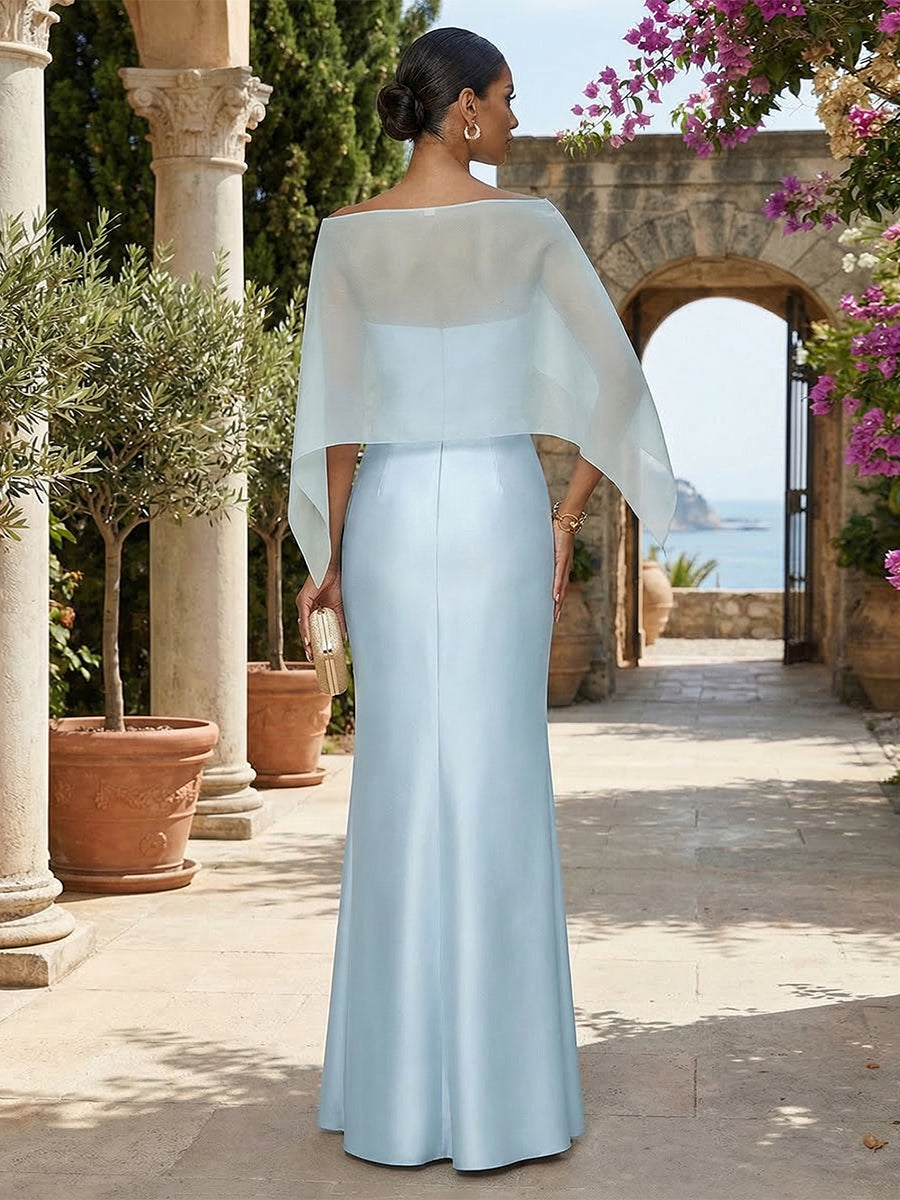 Sheath Satin Off Shoulder Maxi Evening Dresses with 3D Rose Applique & Sheer Chiffon Capelet