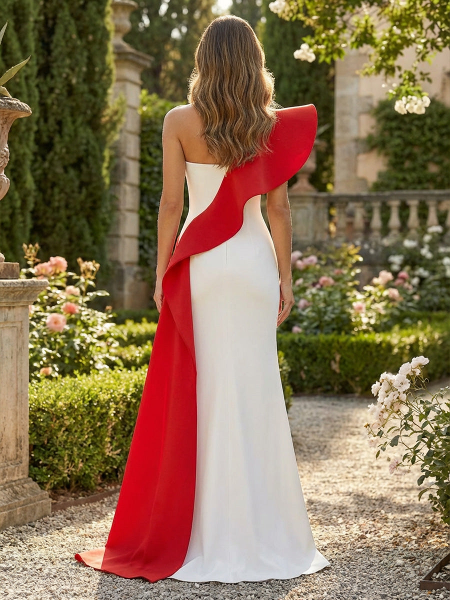 Elegant Sheath Satin Mixed Color One Shoulder Maxi Evening Dresses with Slit