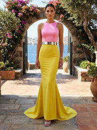 Sheath Satin Mixed Color Evening Dresses with Sweep Train