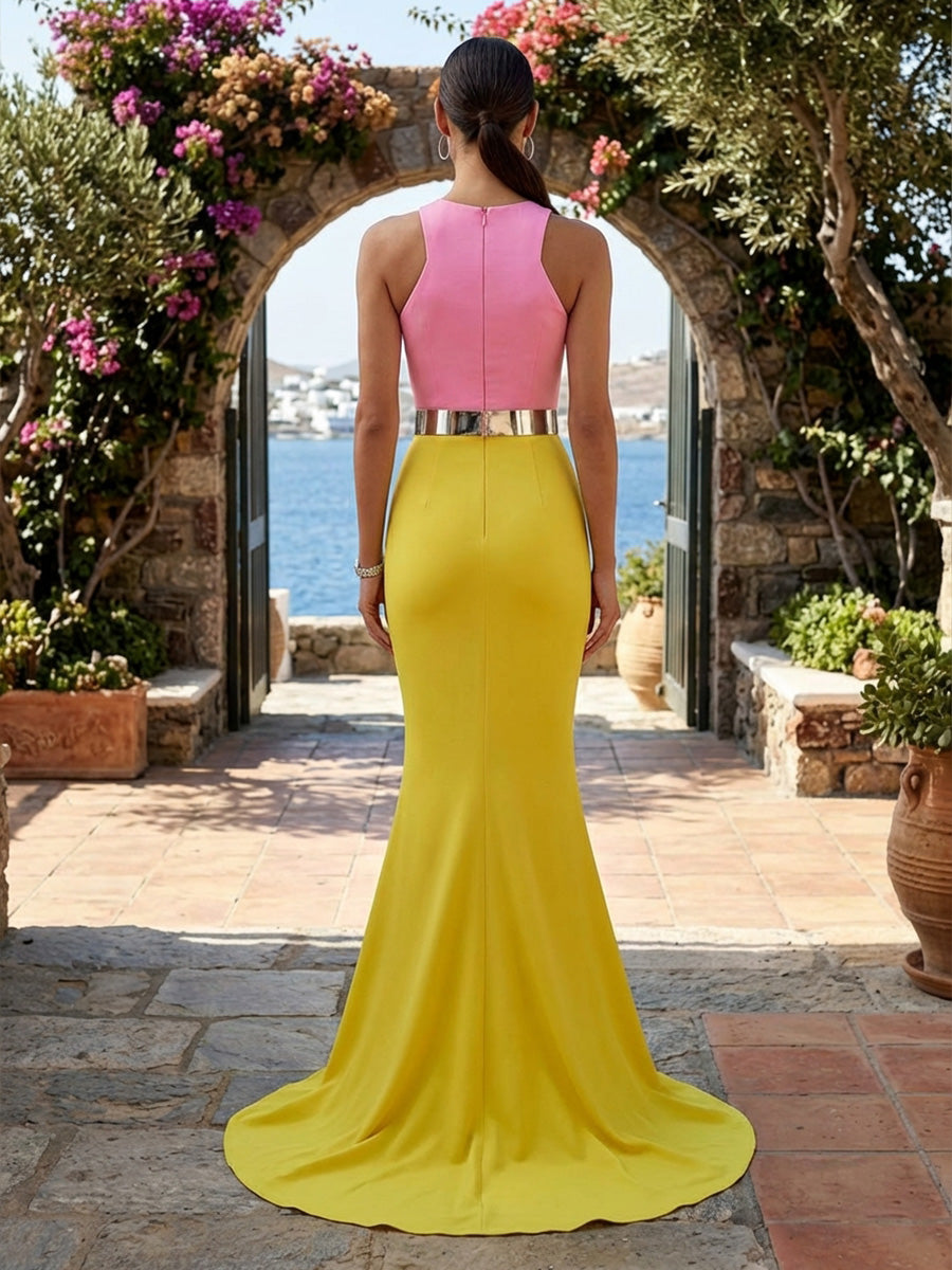 Sheath Satin Mixed Color Evening Dresses with Sweep Train