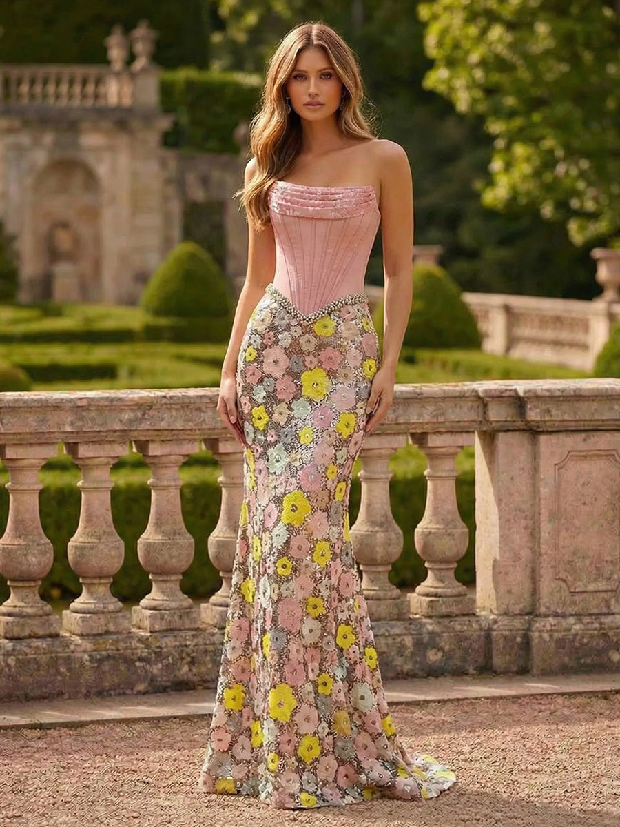 Mermaid Sequin Floral Strapless Corset Evening Dresses with Rhinestones Waist