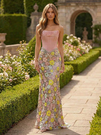 Mermaid Sequin Floral Strapless Corset Evening Dresses with Rhinestones Waist
