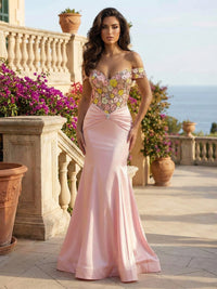 Mermaid Satin Off Shoulder Sweetheart Evening Dresses with Sequin Floral Bodice