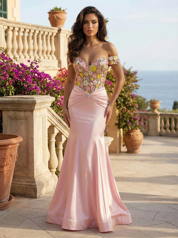 Mermaid Satin Off Shoulder Sweetheart Evening Dresses with Sequin Floral Bodice
