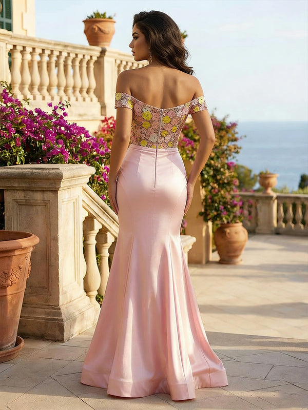 Mermaid Satin Off Shoulder Sweetheart Evening Dresses with Sequin Floral Bodice