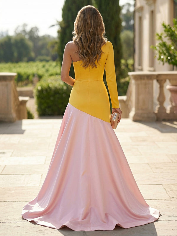A-Line One Shoulder Mixed Color Floor-Length Evening Dresses with Sweep Train