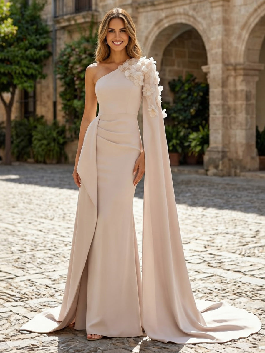 Sheath Satin One Shoulder Maxi Evening Dresses with Sweep Train & 3D Flower