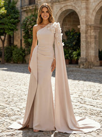 Sheath Satin One Shoulder Maxi Evening Dresses with Sweep Train & 3D Flower