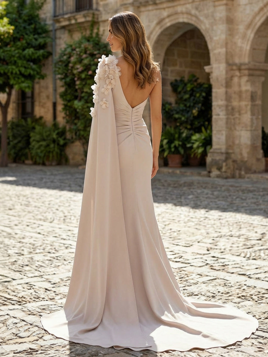 Sheath Satin One Shoulder Maxi Evening Dresses with Sweep Train & 3D Flower