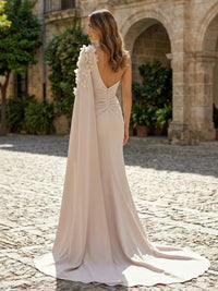 Sheath Satin One Shoulder Maxi Evening Dresses with Sweep Train & 3D Flower