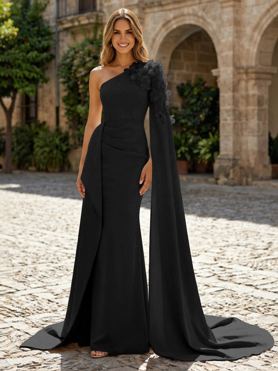 Sheath Satin One Shoulder Maxi Evening Dresses with Sweep Train & 3D Flower