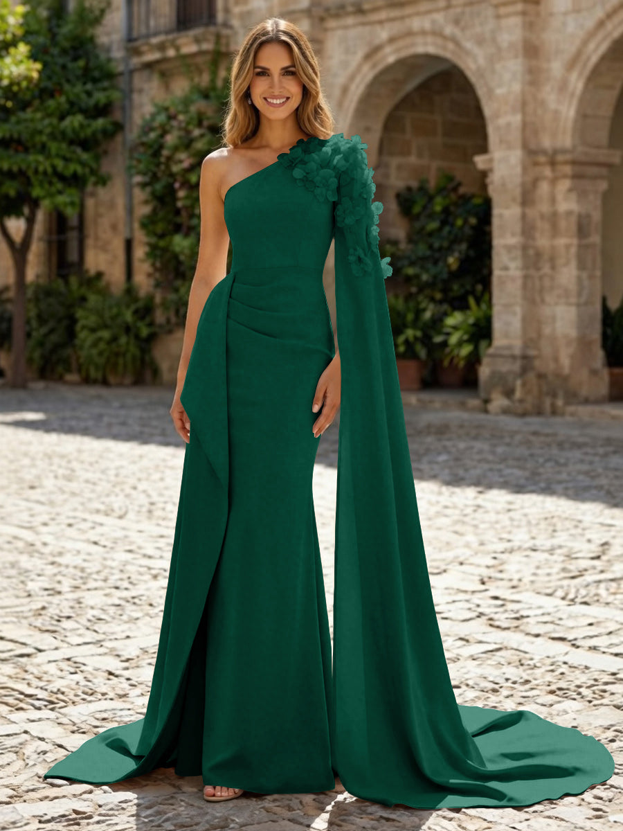 Sheath Satin One Shoulder Maxi Evening Dresses with Sweep Train & 3D Flower