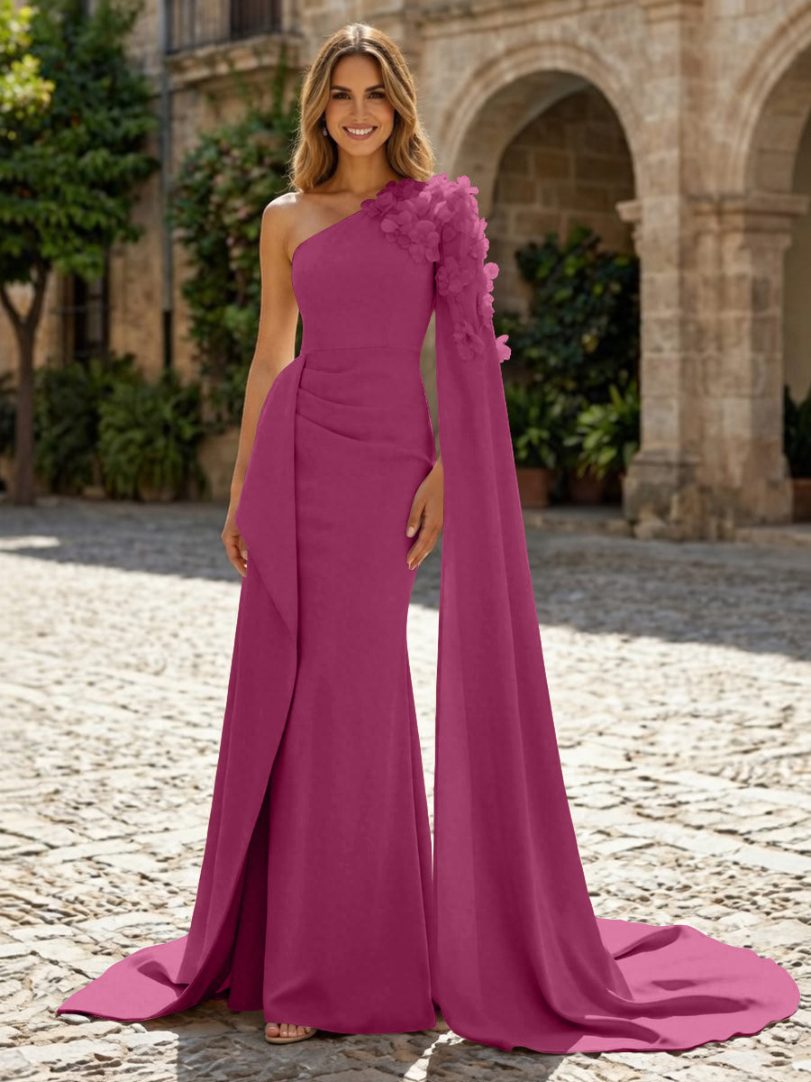 Sheath Satin One Shoulder Maxi Evening Dresses with Sweep Train & 3D Flower