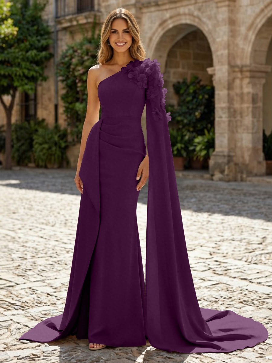 Sheath Satin One Shoulder Maxi Evening Dresses with Sweep Train & 3D Flower