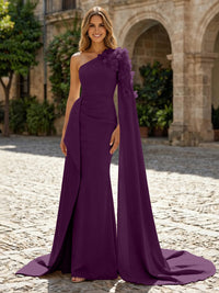 Sheath Satin One Shoulder Maxi Evening Dresses with Sweep Train & 3D Flower