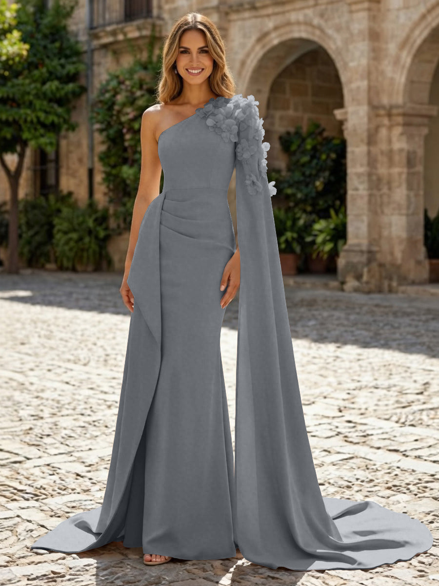 Sheath Satin One Shoulder Maxi Evening Dresses with Sweep Train & 3D Flower
