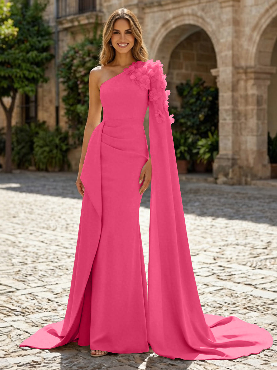 Sheath Satin One Shoulder Maxi Evening Dresses with Sweep Train & 3D Flower
