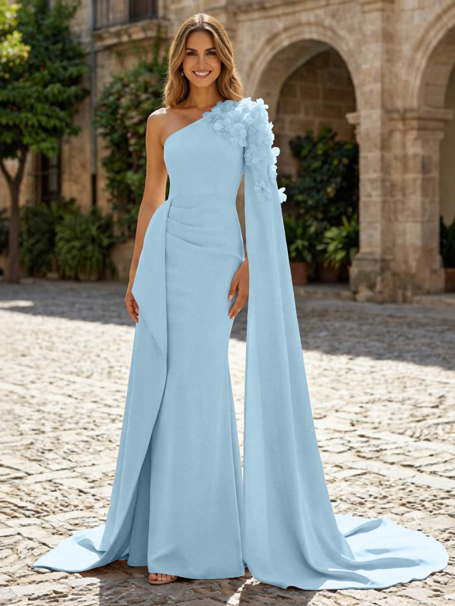 Sheath Satin One Shoulder Maxi Evening Dresses with Sweep Train & 3D Flower
