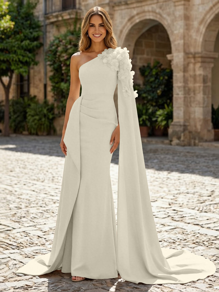 Sheath Satin One Shoulder Maxi Evening Dresses with Sweep Train & 3D Flower